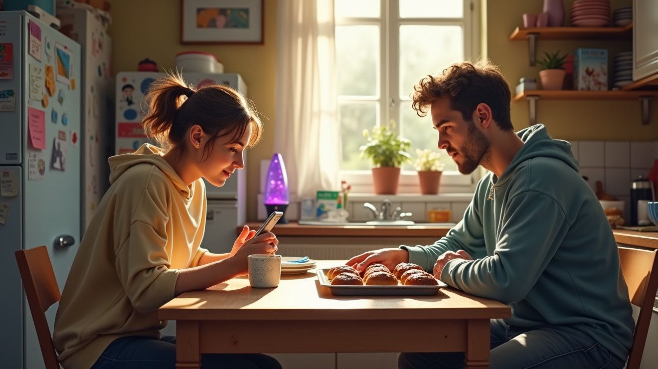 Casal à mesa da cozinha, mulher com telemóvel, homem olha croissants, luz suave entra pela janela.