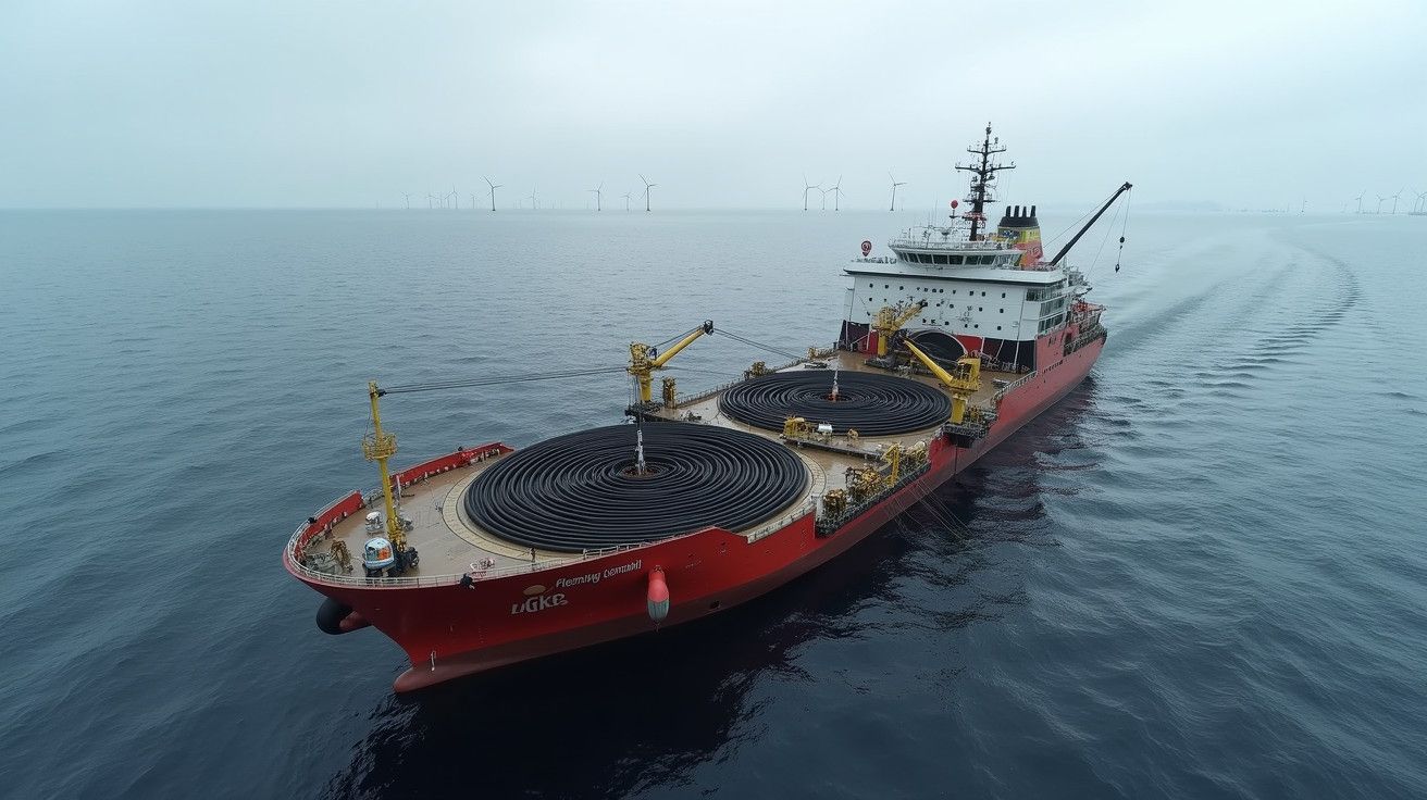Navio vermelho no mar, transportando grandes bobinas de cabo, com turbinas eólicas no horizonte.