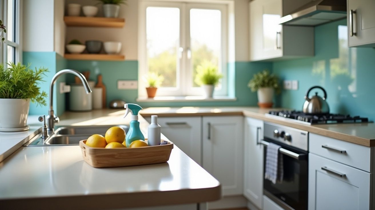 Cozinha moderna e luminosa com bancada branca, armações azuis, limões e plantas à janela.