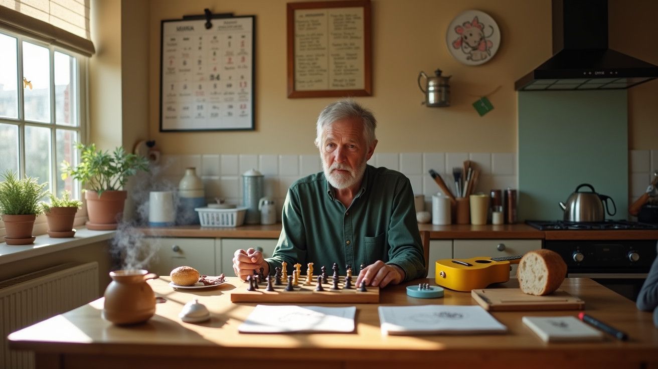 Homem idoso a jogar xadrez numa cozinha, rodeado por objetos domésticos e plantas, com luz natural entrando pela janela.