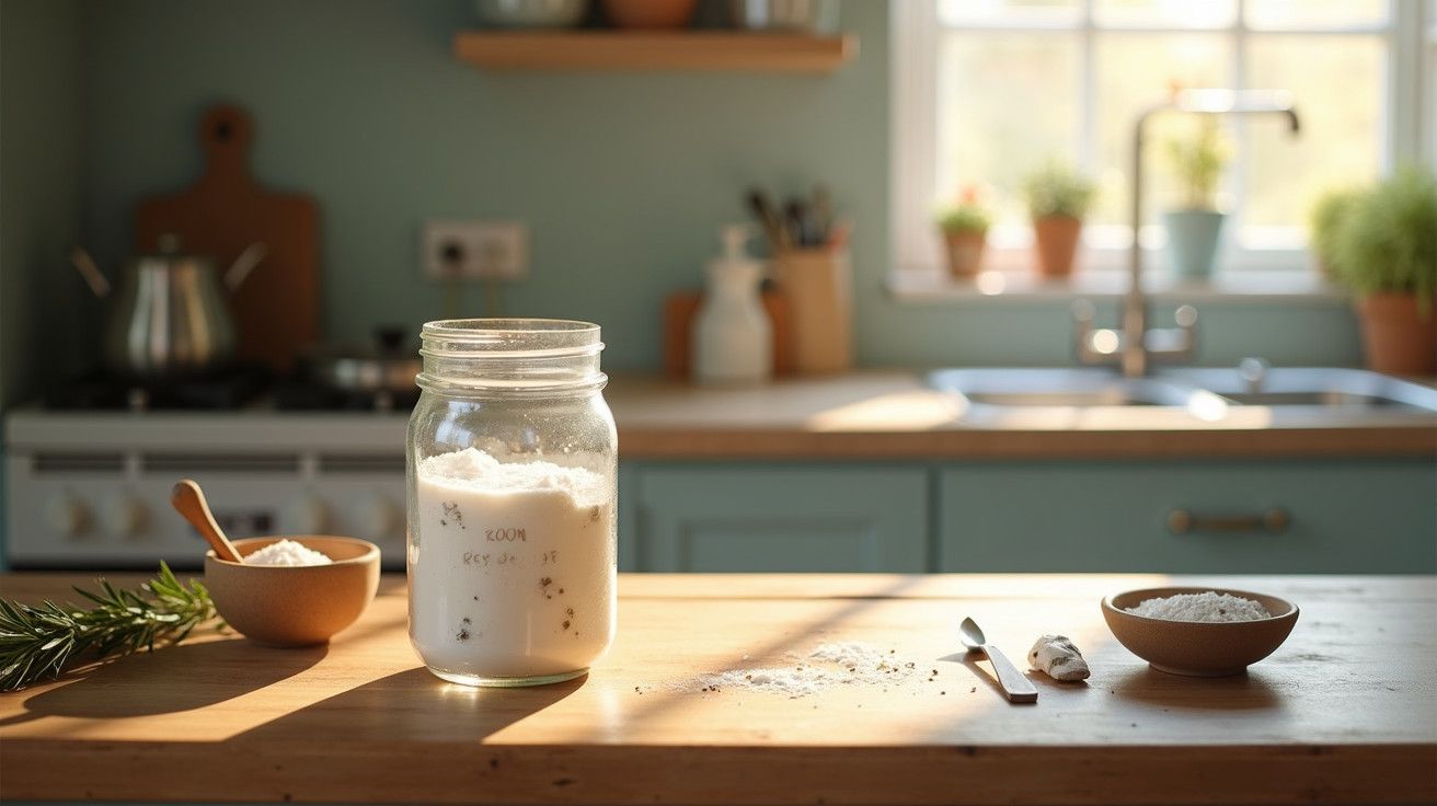 Frasco de farinha num balcão de cozinha iluminada pelo sol, com tigelas e ervas ao fundo.