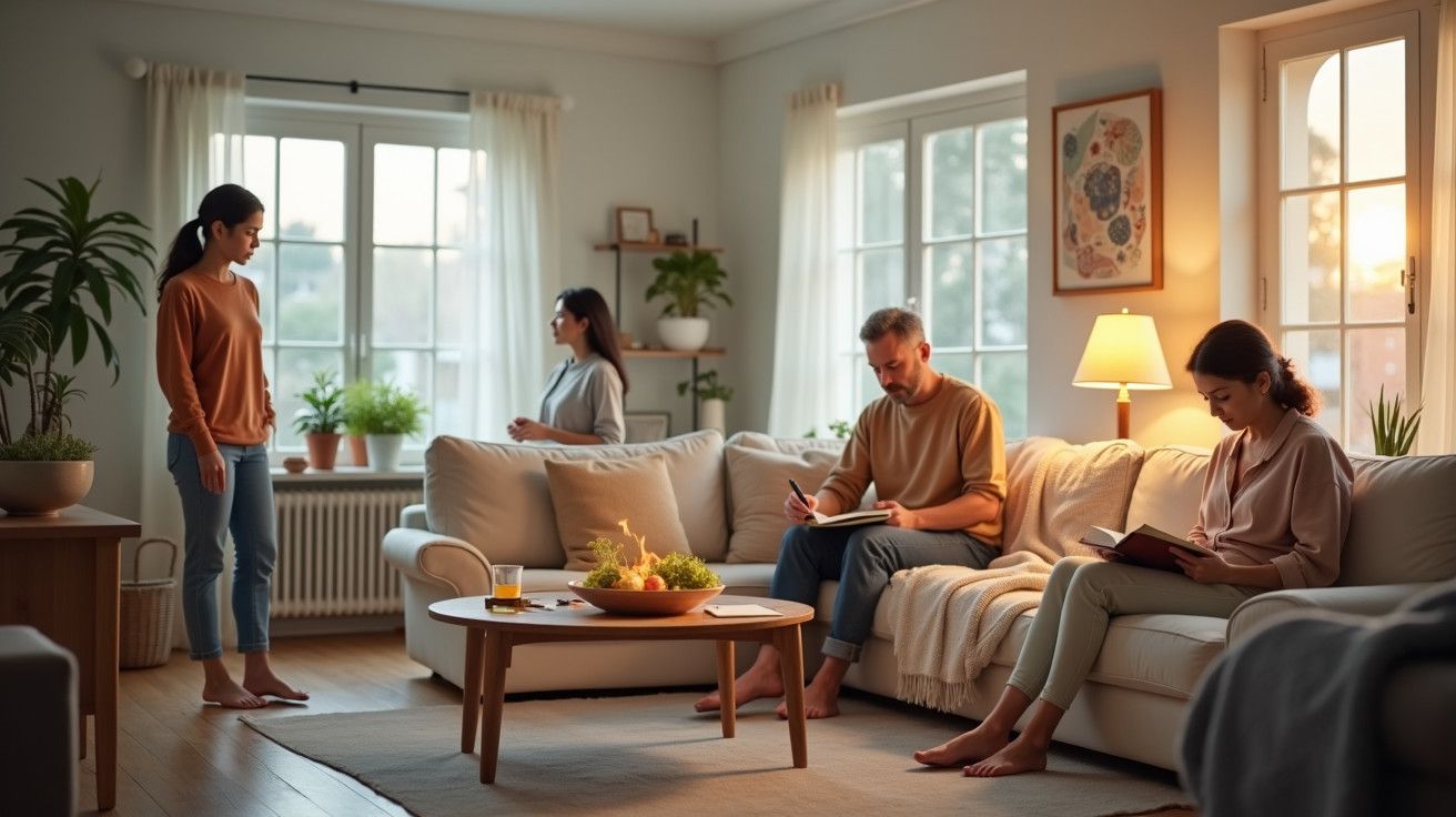 Sala de estar iluminada com quatro pessoas, duas lendo no sofá, e plantas nas janelas.