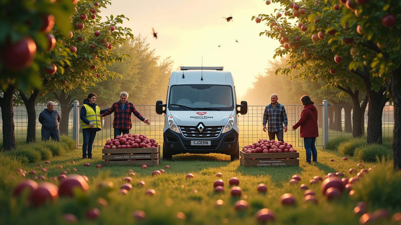 Carrinha branca em pomar de maçãs, pessoas em redor e caixas de fruta cheia ao pôr do sol.