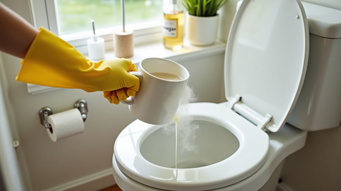 Pessoa despeja líquido quente na sanita com uma caneca, usando luvas amarelas de limpeza.