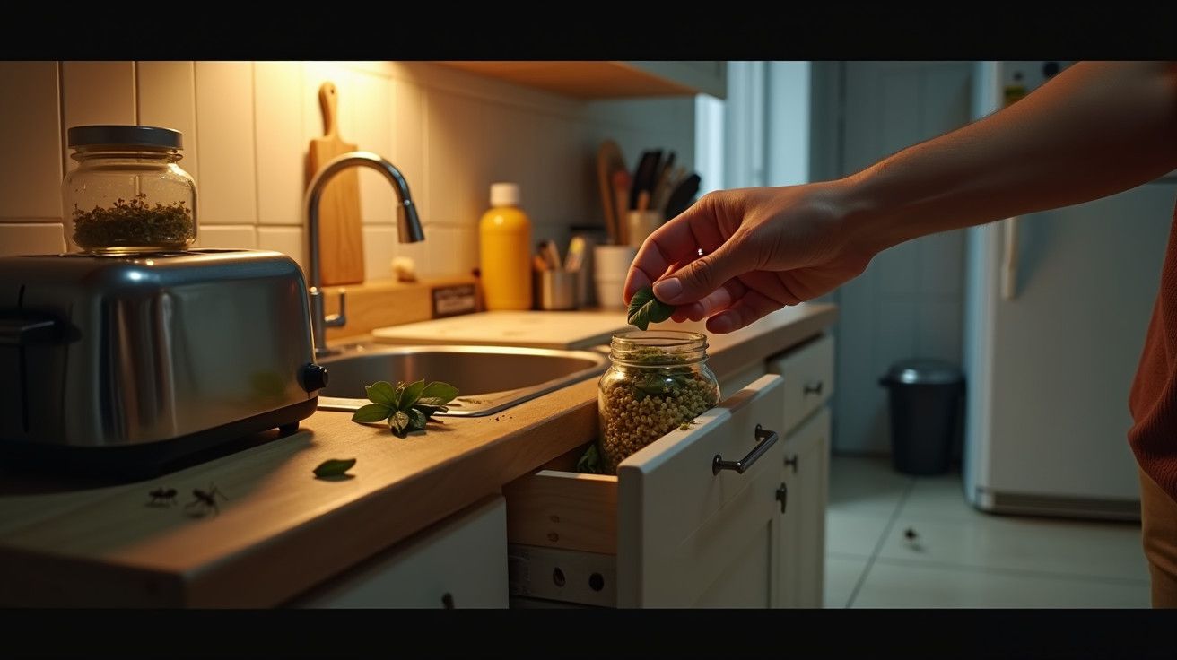 Mão coloca folhas verdes num frasco aberto em cozinha bem iluminada, com torradeira e utensílios ao fundo.