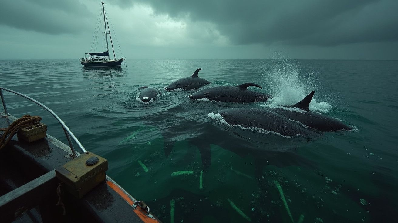 Orcas nadam perto de um barco sob céu nublado, com um veleiro ao fundo no oceano.