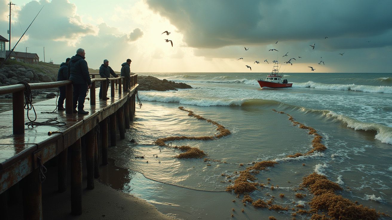 Pessoas observam um barco vermelho no mar, com gaivotas no céu e algas na praia, sob nuvens ao pôr do sol.