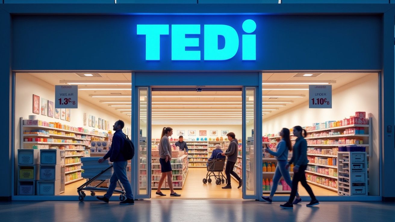 Frente de uma loja TEDi iluminada à noite, pessoas entram e saem com carrinhos de compras.