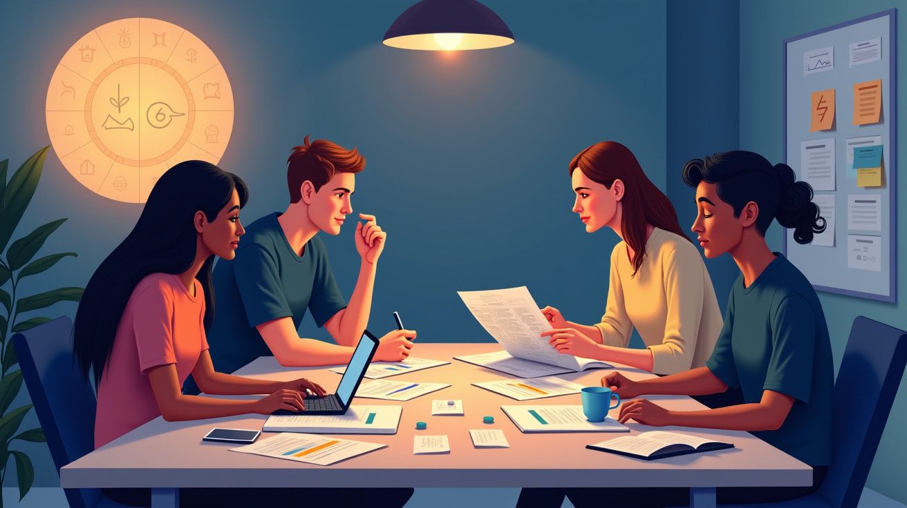 Quatro pessoas em reunião numa sala iluminada, com laptops, documentos, e um quadro de notas na parede.