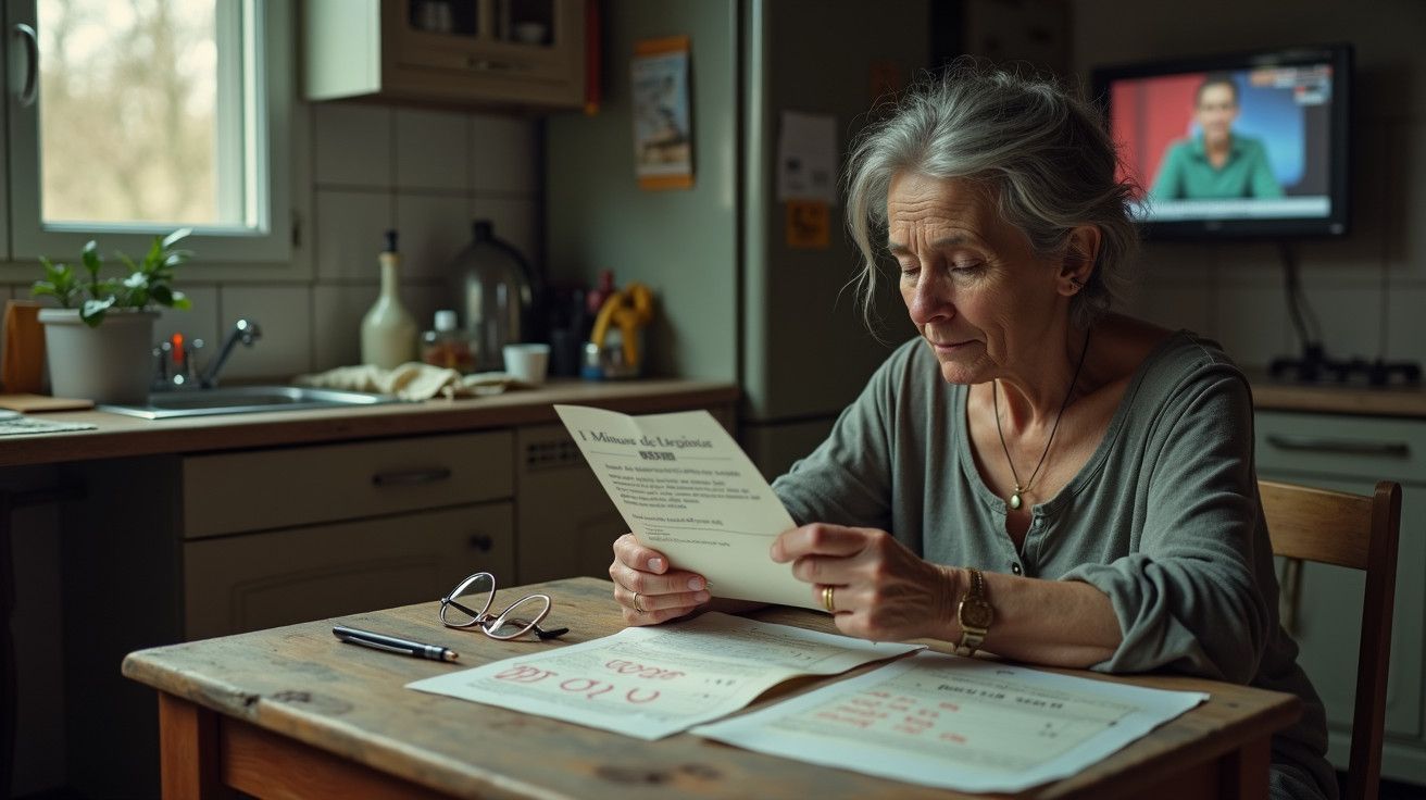 Mulher idosa lê carta na cozinha com óculos sobre a mesa e televisão ligada ao fundo.