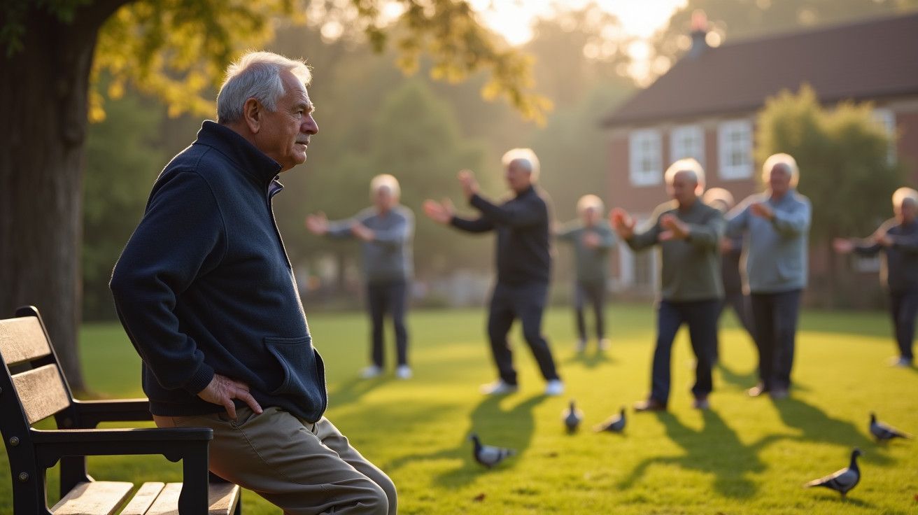 Homem idoso sentado num banco no parque, observando grupo de pessoas a praticar tai chi ao ar livre.