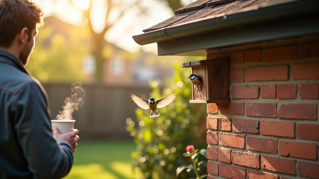 Homem com chá observa pássaro voando para uma casa-de-aves em parede de tijolo, com jardim ao fundo.