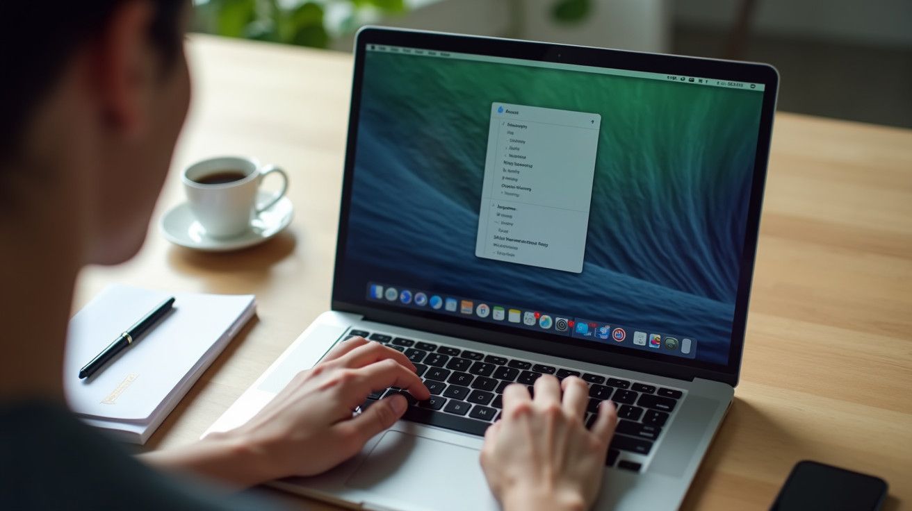 Pessoa a usar um portátil numa mesa com chávena de café, caderno e caneta.
