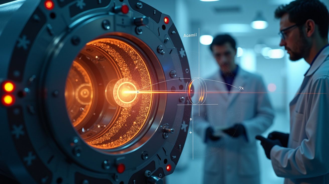 Laboratório com cientistas em foco, analisando um dispositivo tecnológico avançado com luzes e detalhes técnicos visíveis.