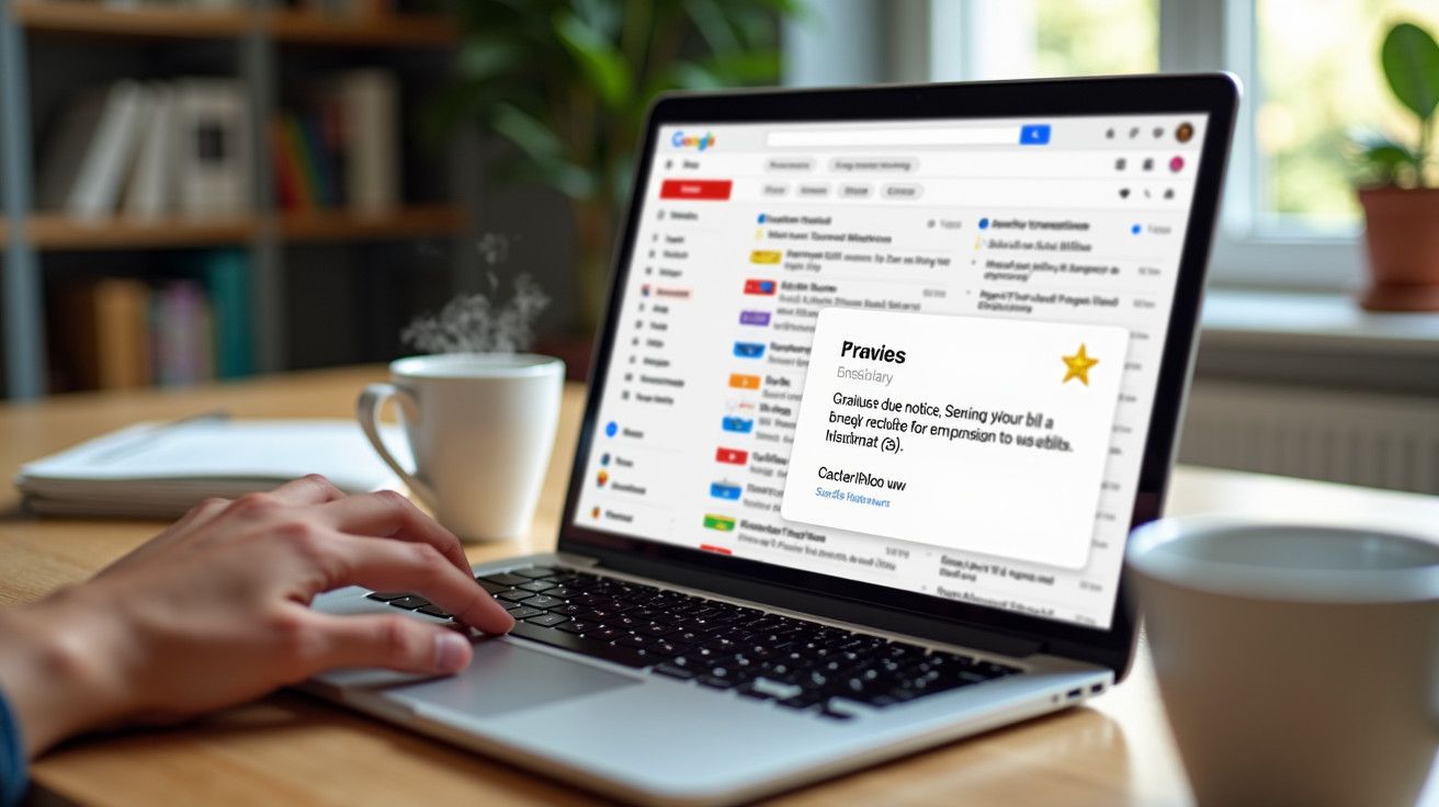 Pessoa a usar portátil com Gmail aberto, rodeada de chávenas de café, numa mesa de madeira, com uma janela ao fundo.
