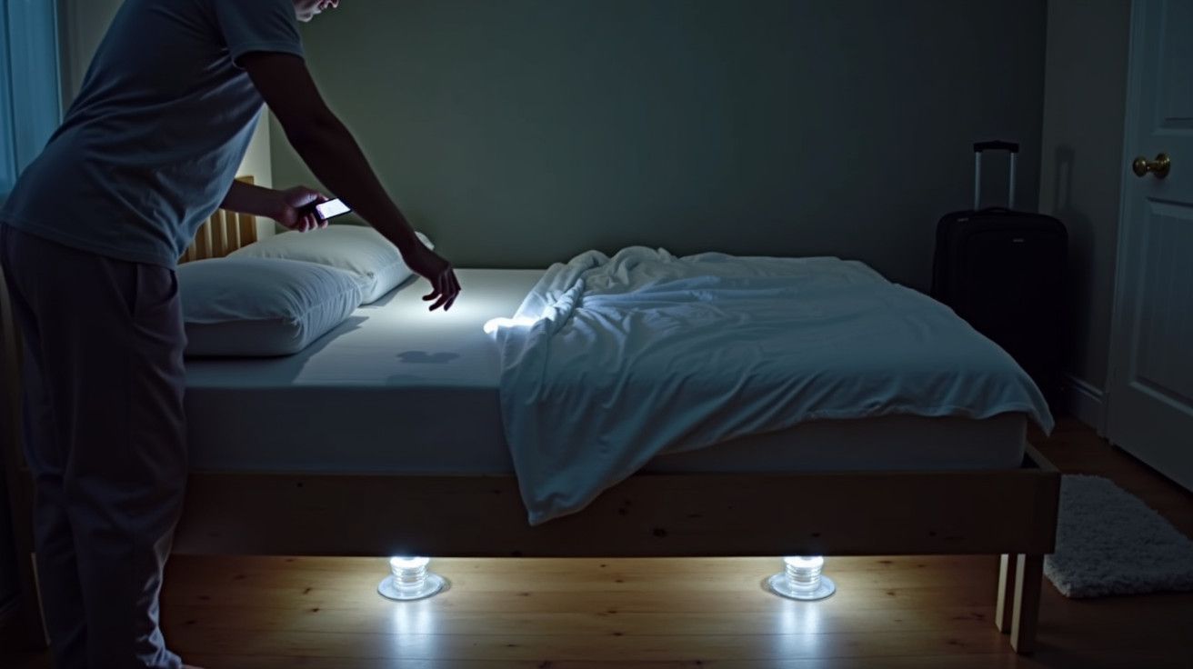 Pessoa com telemóvel ilumina chão de quarto escuro, refletindo luz sob cama branca e criando sombras no colchão.