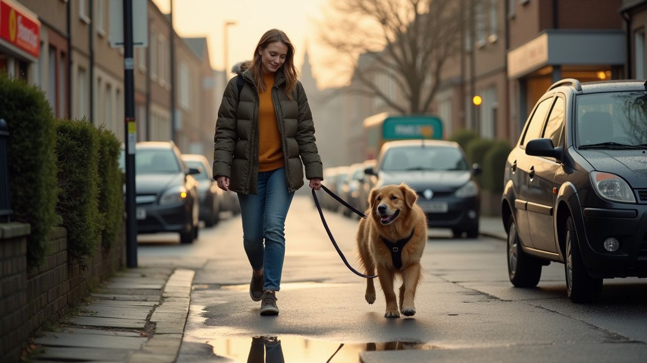 Mulher a passear com um cão numa rua urbana ao amanhecer, com carros estacionados dos dois lados.