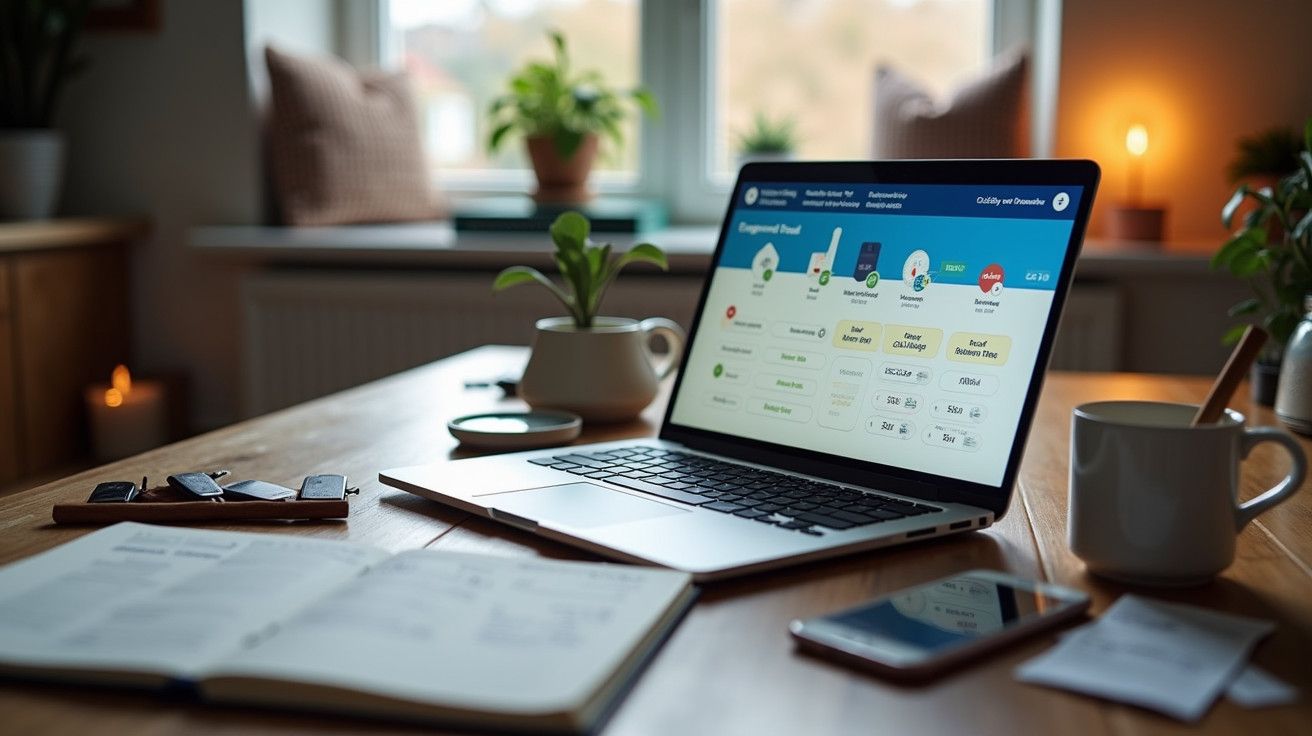 Portátil numa secretária de madeira com ecrã mostrando gráficos, rodeado por caneca, plantas e telemóvel.