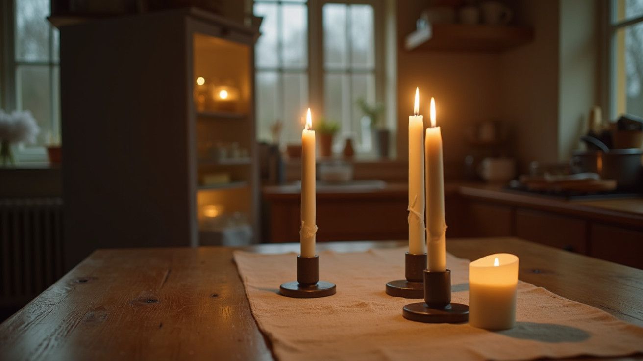 Velas acesas sobre uma mesa de madeira numa cozinha acolhedora e iluminada suavemente.