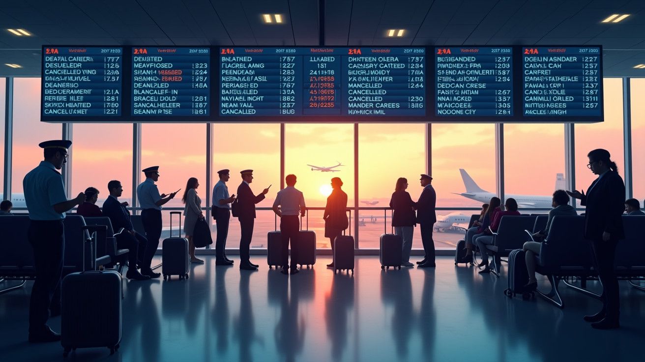 Passageiros e tripulação aguardam no aeroporto ao pôr do sol, com aviões na pista e painel de voos ao fundo.