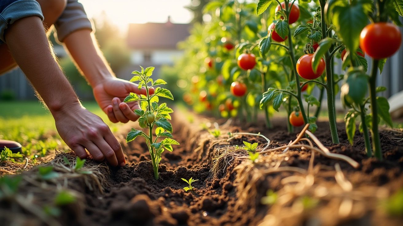 Pessoa cuidando de plantas de tomate num jardim ao pôr do sol.