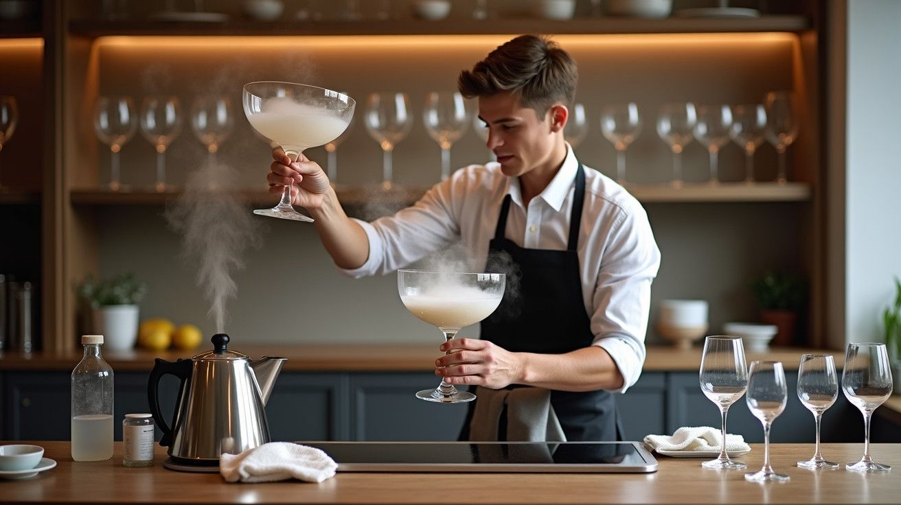 Barista prepara bebidas em copos grandes com vapor, usando chaleira elétrica; cenário moderno de café.