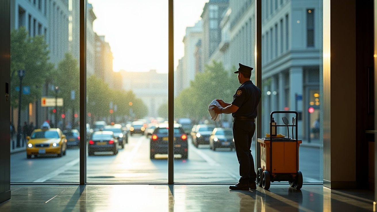 Polícia a segurar papel numa janela de vidro, com trânsito e edificações ao fundo, ao pôr do sol.