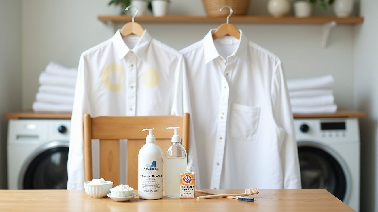 Camisas brancas com manchas amarelas ao lado de produtos de limpeza sobre uma mesa, fundo com máquinas de lavar.