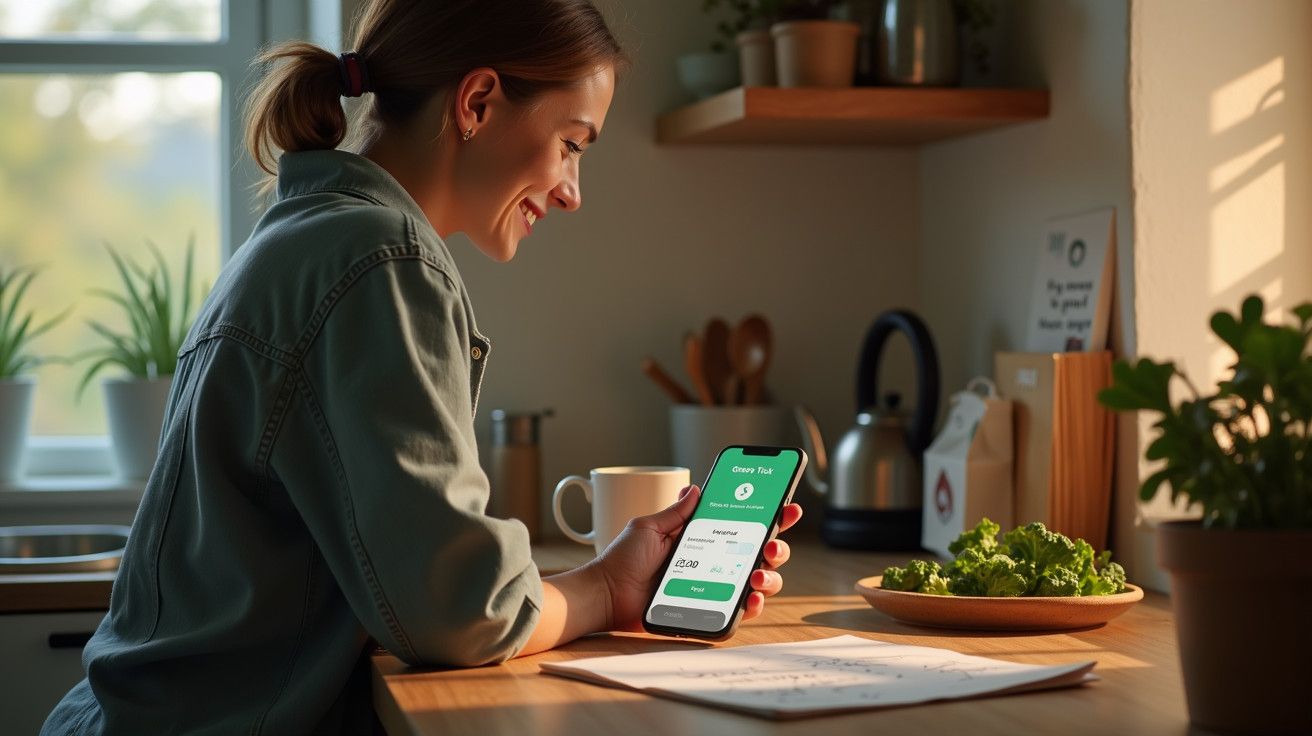 Mulher sorridente na cozinha usa smartphone com app de tarefas, ao lado de chávena e alface sobre a bancada.