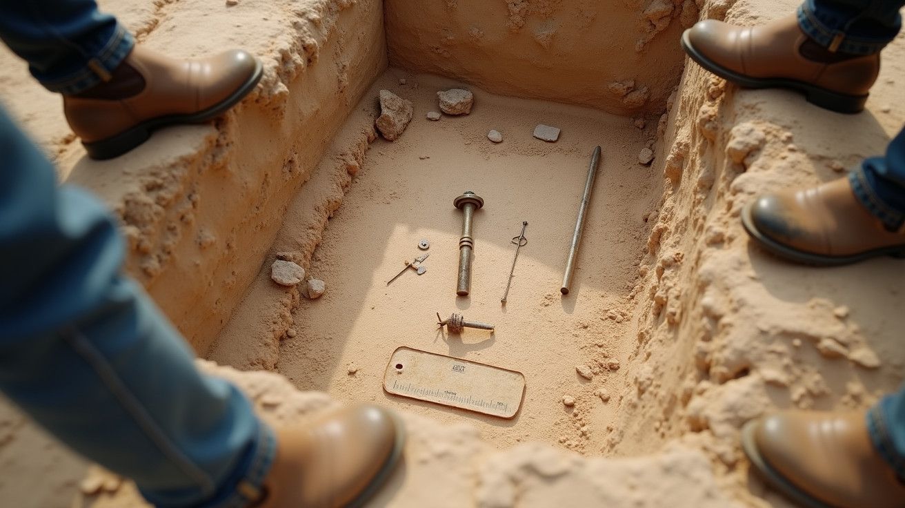 Escavação arqueológica com ferramentas e artefactos no solo, rodeada por botas.