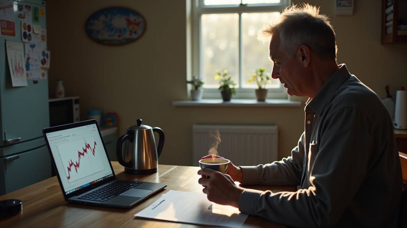 Homem idoso a beber café enquanto olha para gráfico de ações num portátil em cozinha iluminada pelo sol.