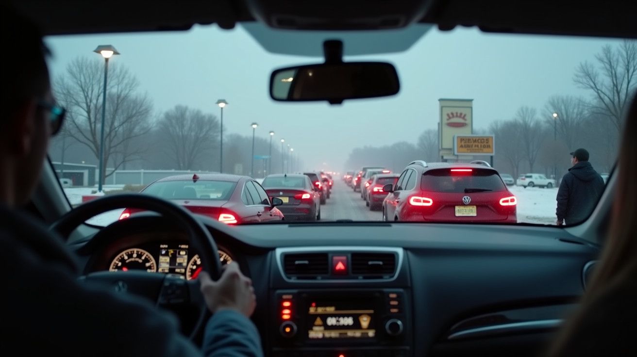 Pessoas num carro em estrada nevada e congestionada, cercada por outros veículos. Visível painel e árvores ao fundo.
