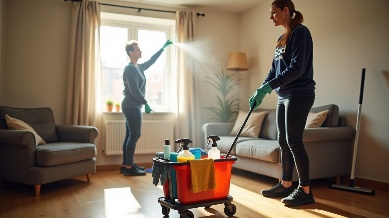 Duas pessoas limpam a sala com spray e esfregona, junto a uma janela. Carrinho de limpeza ao centro.