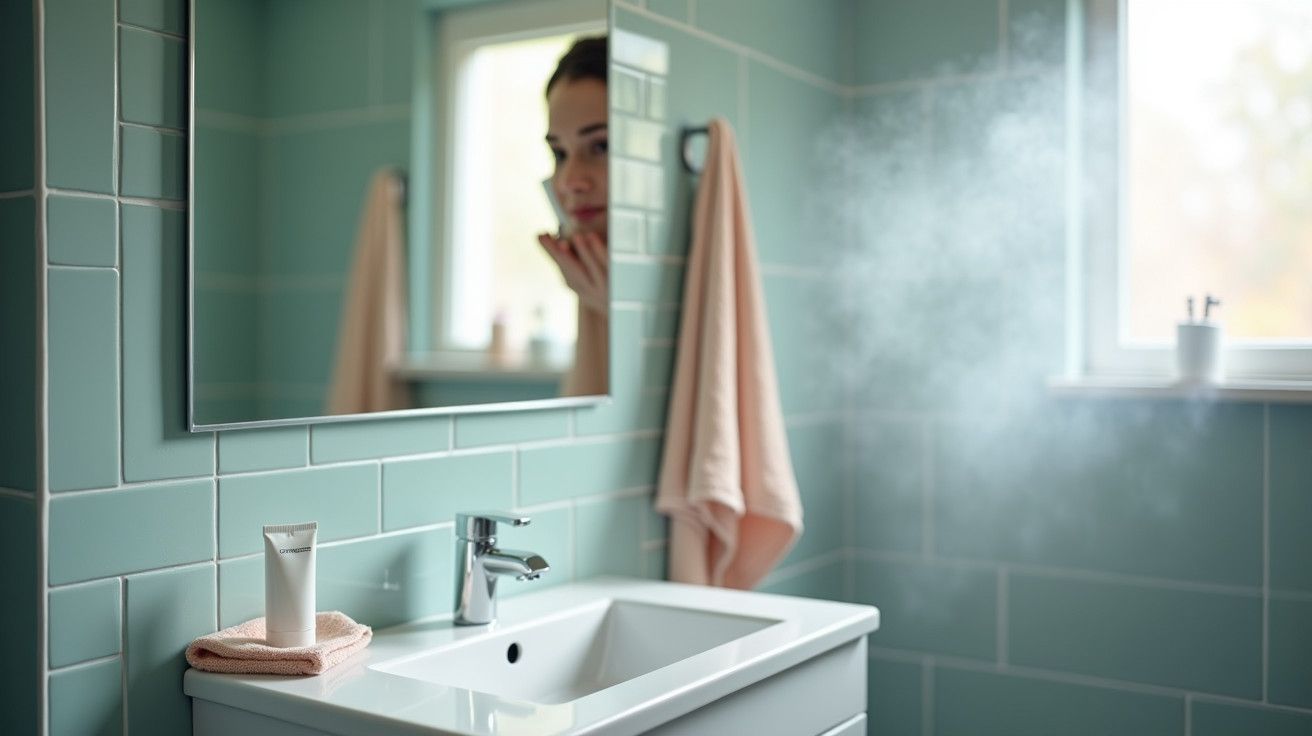 Casa de banho moderna com azulejos verdes, espelho embaciado e mulher refletida. Toalha e creme ao lado da pia.