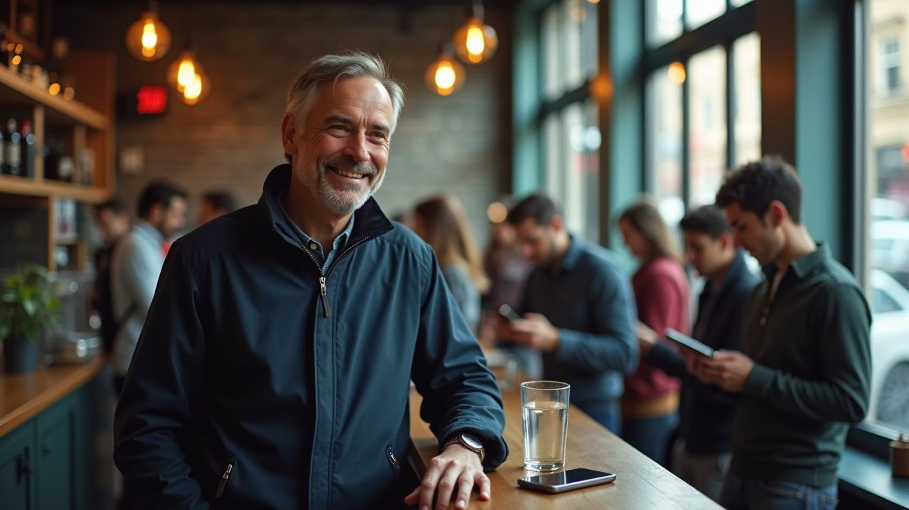 Homem sorridente num café movimentado, com um copo de água e telemóvel à sua frente no balcão de madeira.