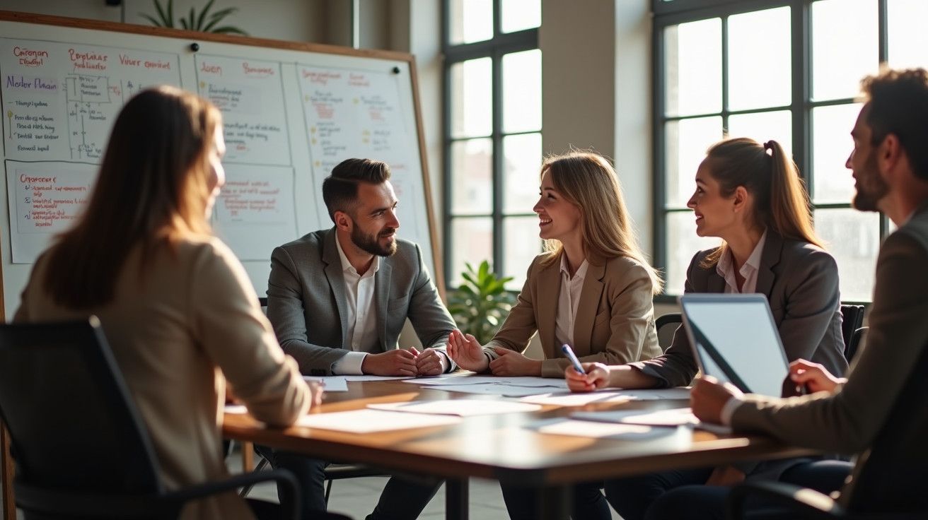 Grupo de pessoas em reunião numa sala iluminada, com quadro branco ao fundo e documentos na mesa.