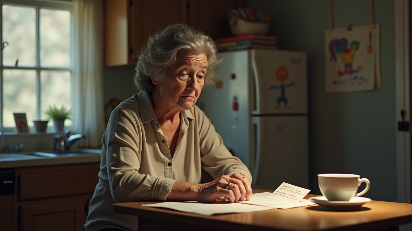 Mulher idosa sentada à mesa da cozinha, olhando pensativa para documentos, ao lado de uma chávena de café.