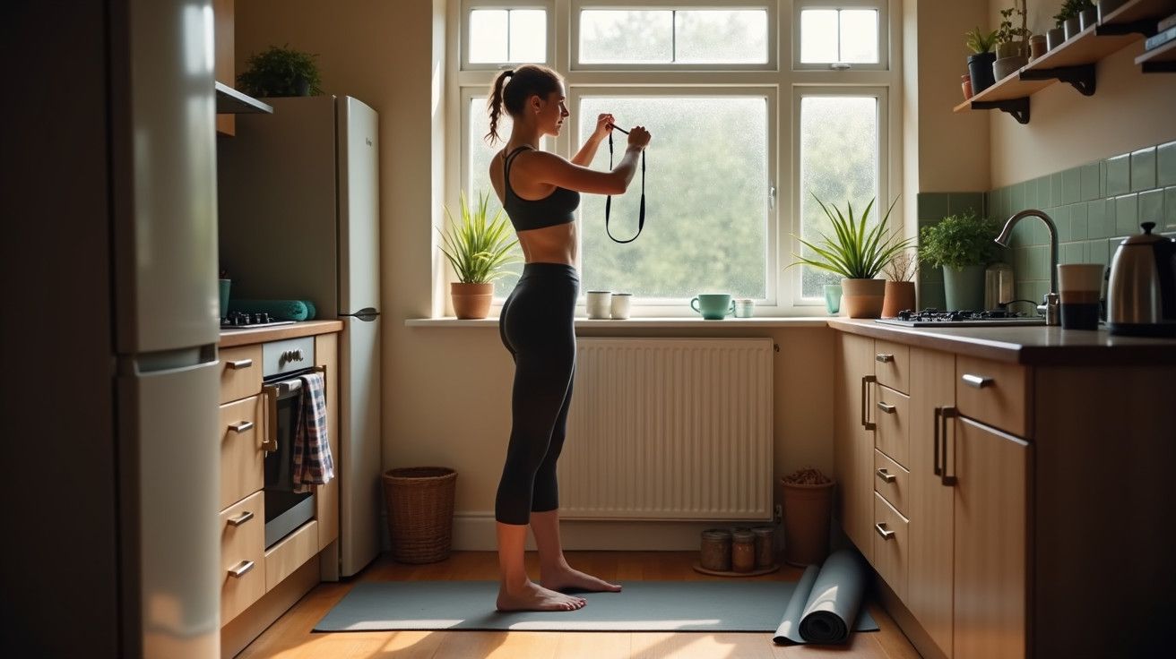 Mulher em roupa de ginástica, em pé numa cozinha iluminada, segurando um elástico de exercício, com plantas à janela.