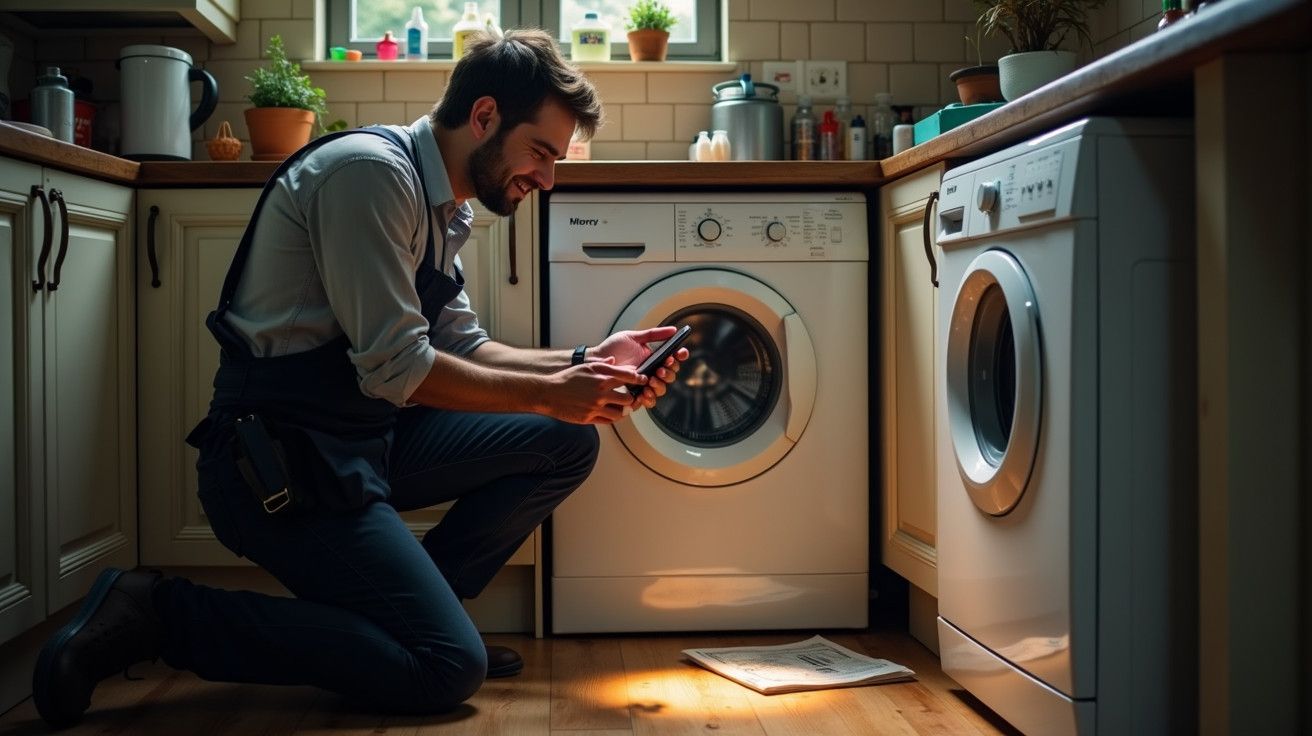 Homem ajoelhado na cozinha, usa telemóvel junto a máquina de lavar roupa, iluminação solar suave.