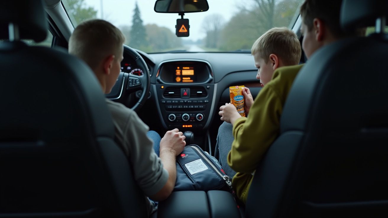 Dois rapazes e uma criança numa carrinha, a criança segura um pacote de snacks.