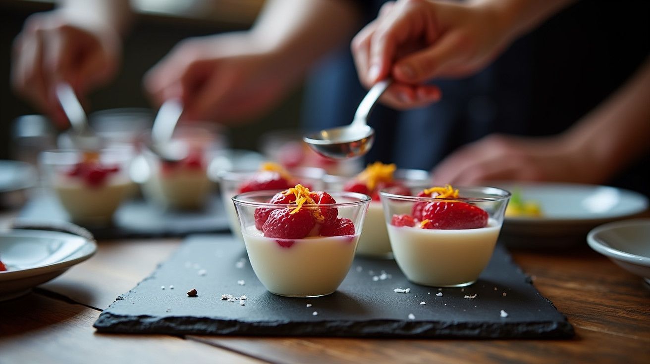 Mãos servindo sobremesas de creme e morangos em copos de vidro, decorados com raspas de laranja, numa bandeja de ardósia.