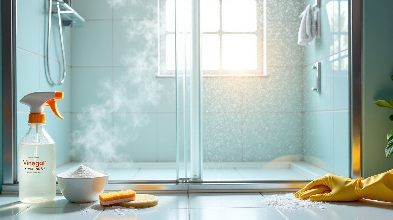 Casa de banho a ser limpa com vinagre, esponja, e pó branco em pó, com luz solar a entrar pela janela.