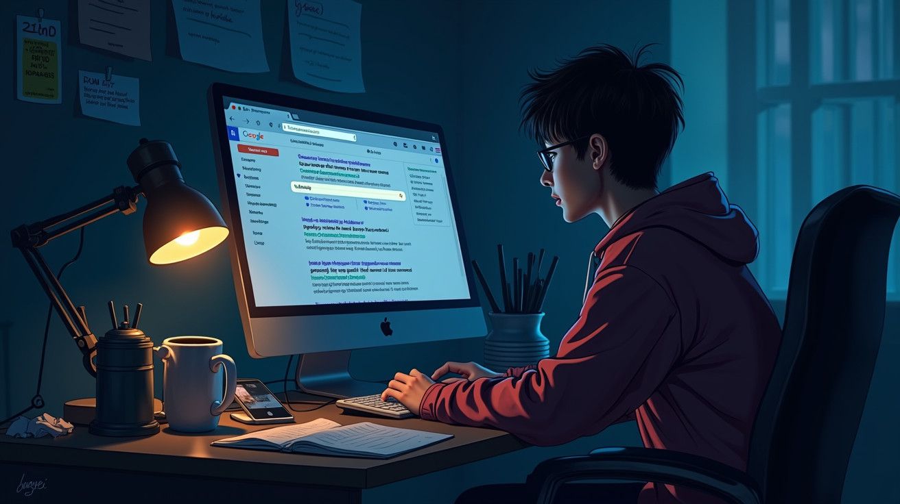 Jovem de óculos em frente ao computador à noite, pesquisando na internet, num quarto iluminado por candeeiro.