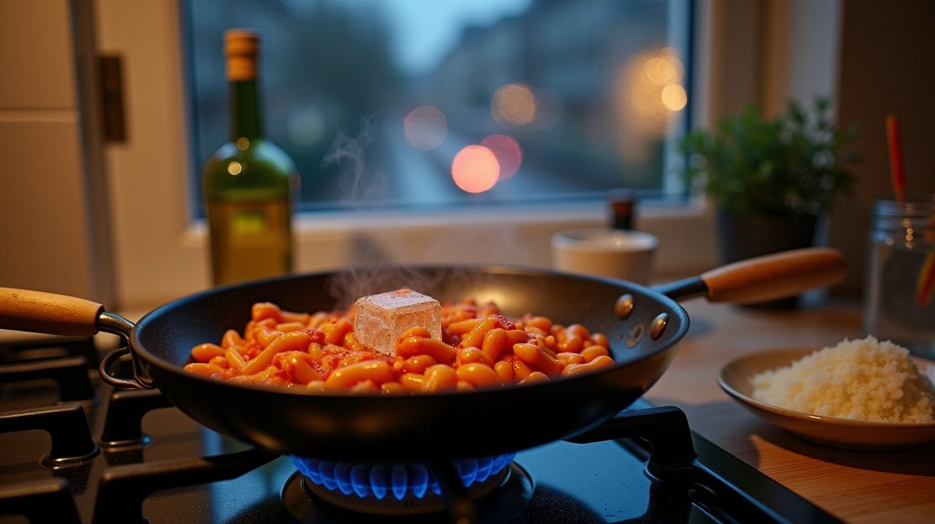 Panela a cozinhar feijão com cubo de tempero sobre chama de gás, janela ao fundo.