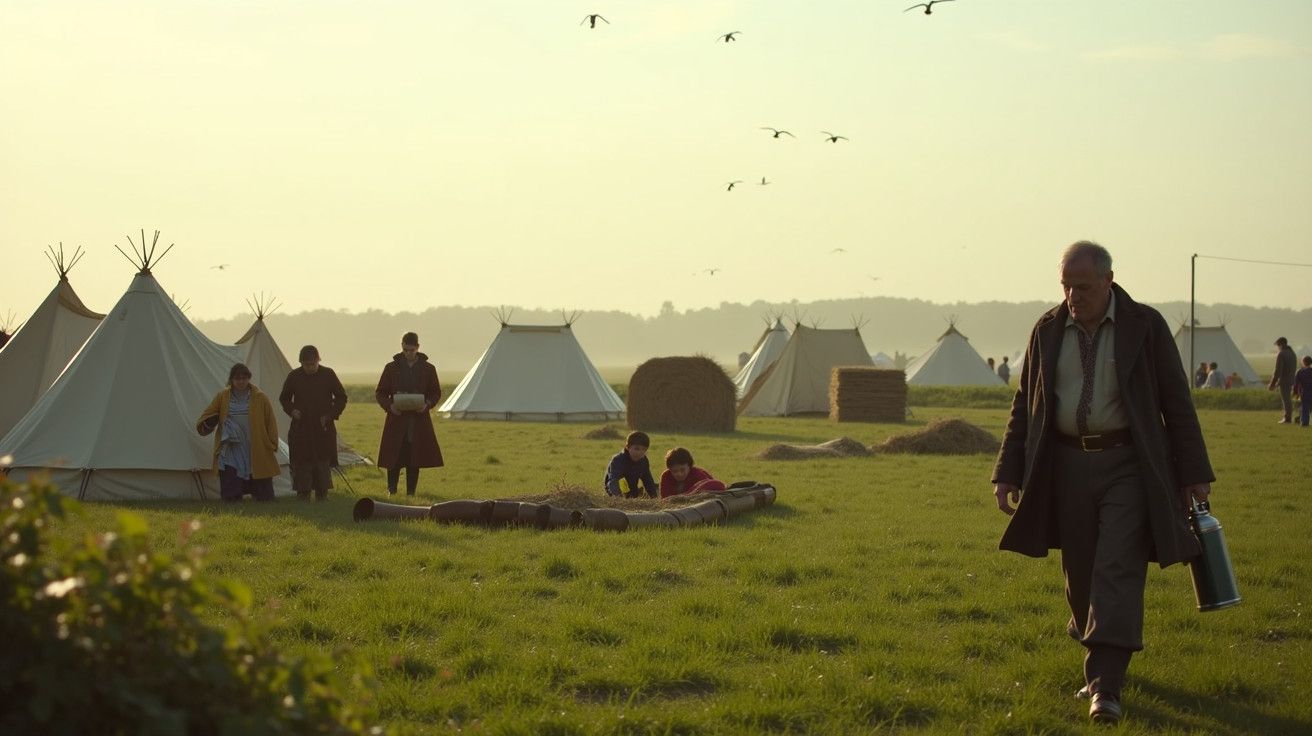 Campo com tendas, pessoas e fardos de palha ao amanhecer. Um homem caminha em direção à câmara.