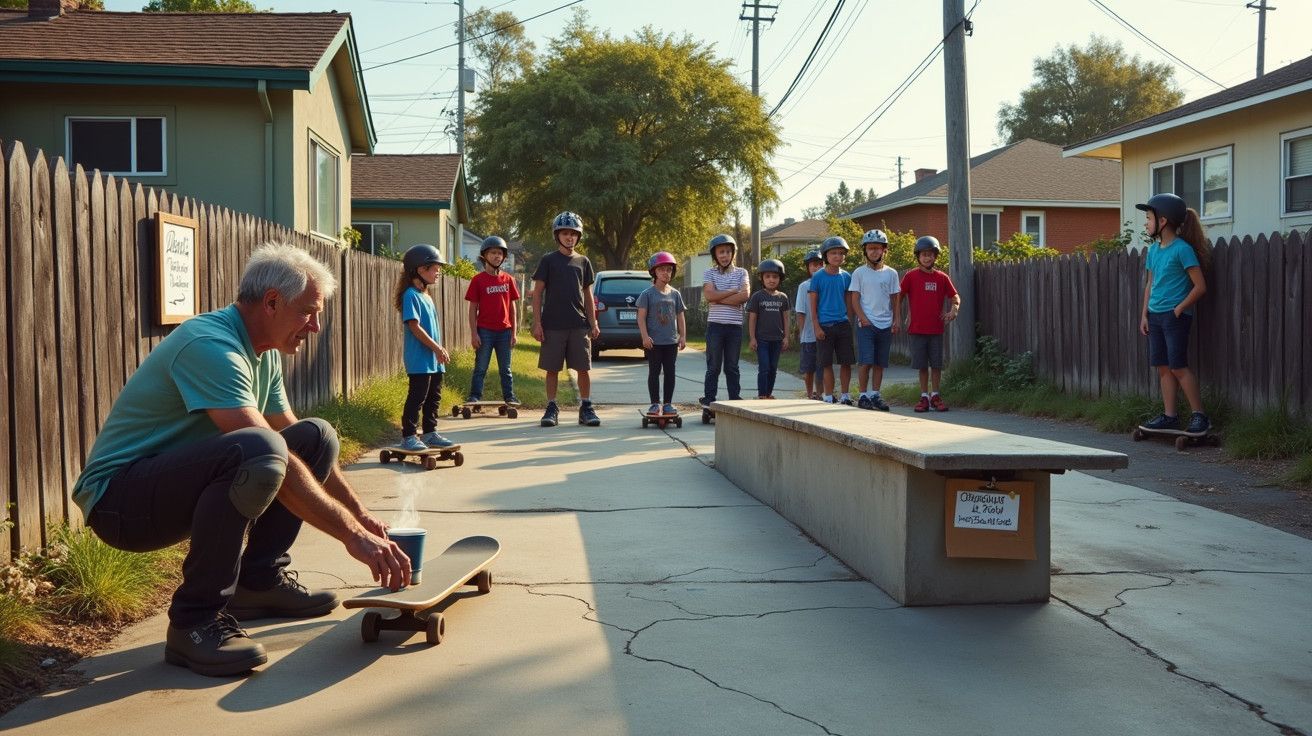 Grupo de crianças com skates numa rua residencial, com um homem mais velho a ajustar o skate.
