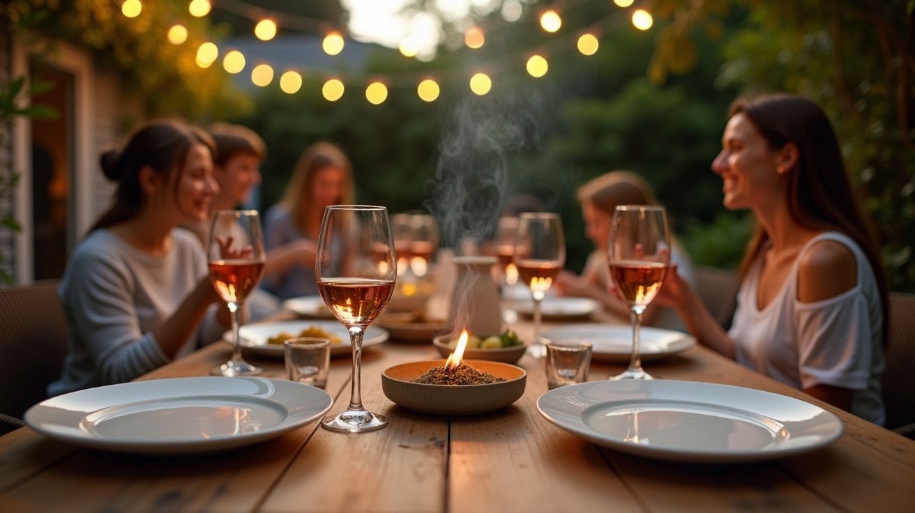 Grupo de pessoas a jantar ao ar livre, mesa com velas e copos de vinho, luzes penduradas ao fundo.