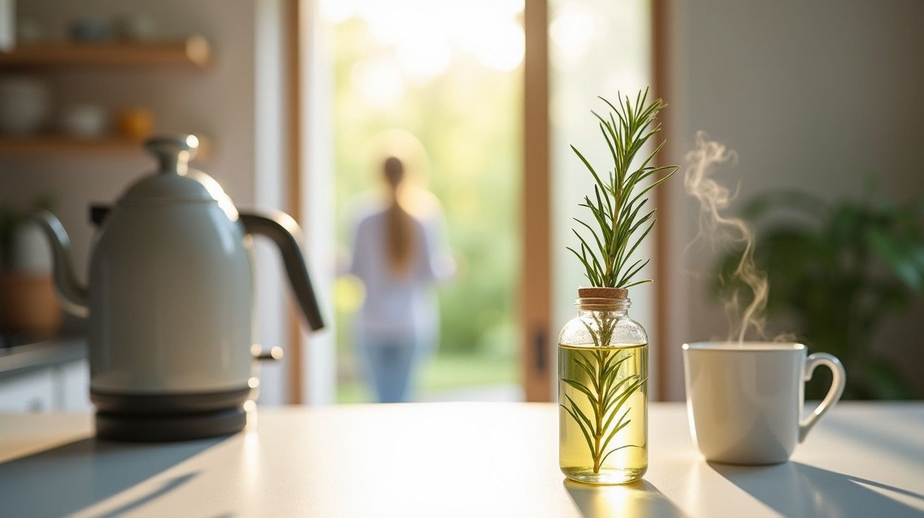 Garrafa com alecrim e chá fumegante numa cozinha ensolarada, vista para o jardim com pessoa ao fundo.