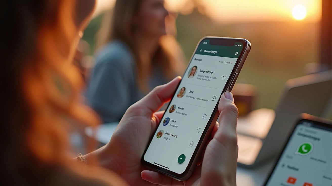 Pessoa usando smartphone com aplicativo de mensagens, ao entardecer, com outra pessoa ao fundo e portátil ao lado.