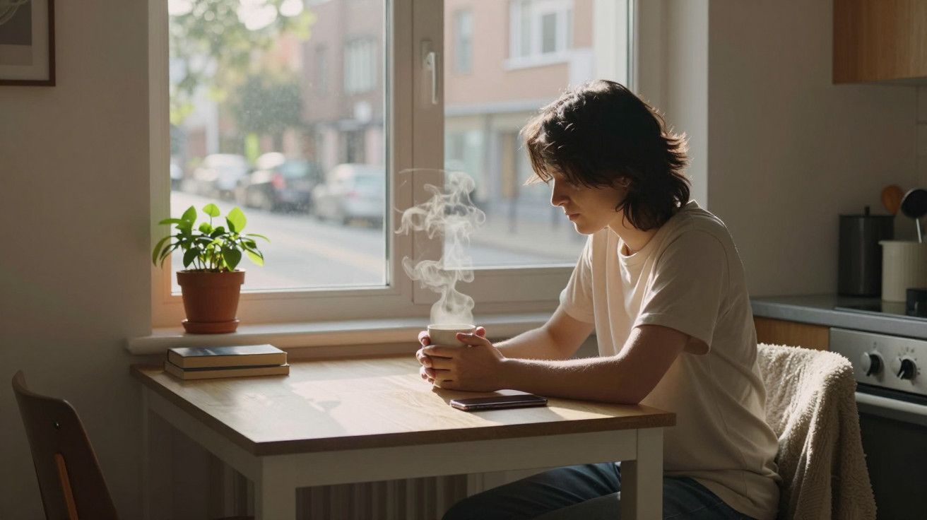 Pessoa sentada numa mesa, segurando uma caneca, com uma planta ao lado; janela ao fundo mostra rua ensolarada.